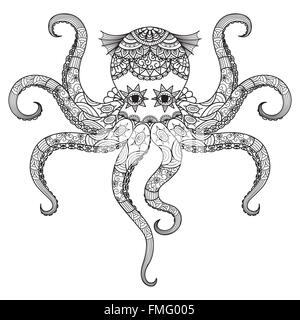 Disegno octopus zentangle design per libro da colorare per adulti,tattoo, t shirt design e così via Illustrazione Vettoriale