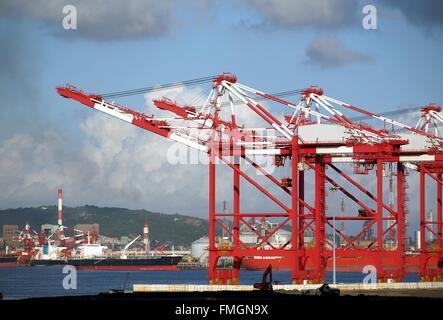 Parte del porto di Kaohsiung con il Gantry cranes e navi industriali Foto Stock