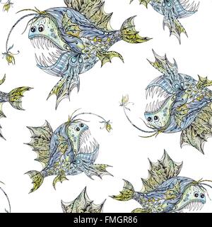 Acquerello Seamless texture marine con il cartoon schizzo rana pescatrice su sfondo bianco Foto Stock