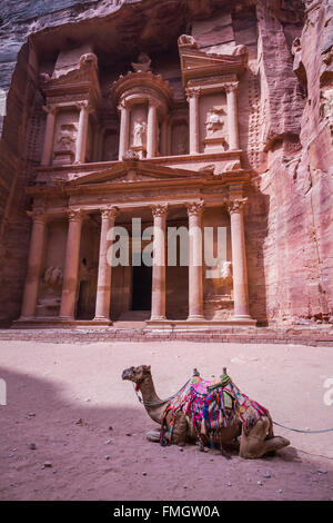 Il Ministero del Tesoro, Al Khazneh nella Red Rock rovine di Petra, Regno Hascemita di Giordania, Medio Oriente. Foto Stock