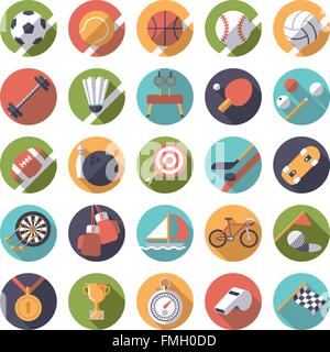 Design piatto lo sport e la ginnastica le icone in cerchi, lunga ombra Illustrazione Vettoriale