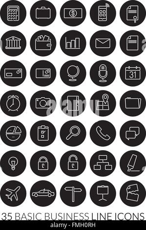 Raccolta di 35 basic business line icone, negativo nei cerchi neri Illustrazione Vettoriale
