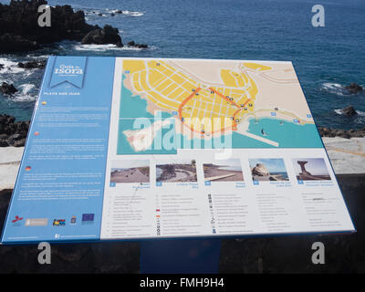 Scheda Informazioni e mappa stradale sul lungomare di Playa San Juan, Tenerife Canarie Spagna Foto Stock