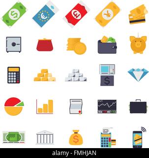 Denaro e finanze le relative icone, design piatto Illustrazione Vettoriale