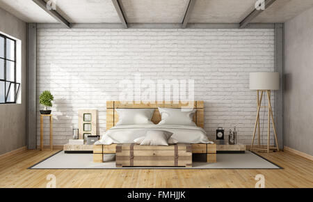 In legno letto matrimoniale in mansarda con un muro di mattoni e travi di ferro - 3D Rendering Foto Stock