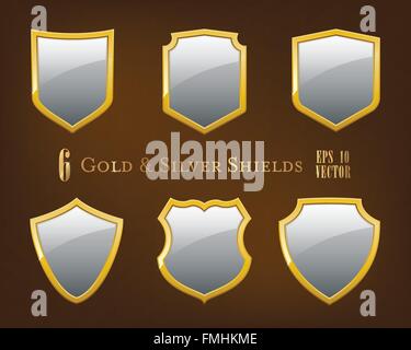 Set di sei semplici glossy Silver Shields con cornici dorate Illustrazione Vettoriale