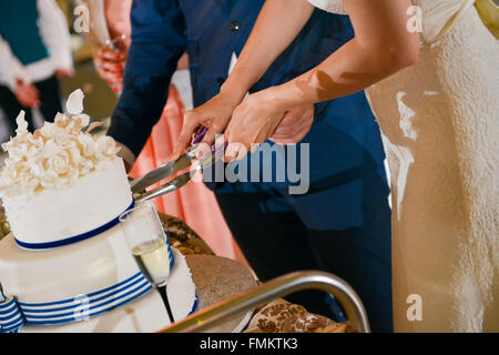 Lo sposo e la sposa il taglio di una fetta di torta Foto Stock