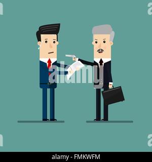Imprenditore minaccia con una pistola e la documentazione delle esportazioni da imprenditori, a scopo di estorsione o ricatto . Il concetto di Business cartoon illustrazione Illustrazione Vettoriale