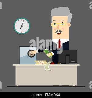 Bussinessman, boss, manager. Imprenditore di successo seduto in una sedia a sdraio davanti al sicuro con il denaro. Il concetto di Business cartoon illustrazione Illustrazione Vettoriale