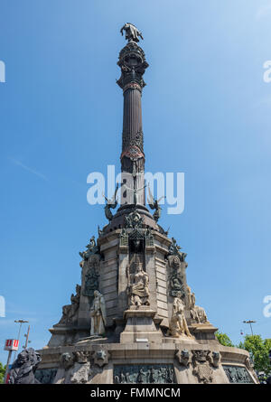 Christopher Columbus Monument in corrispondenza della estremità inferiore della Rambla street a Barcellona, Spagna Foto Stock