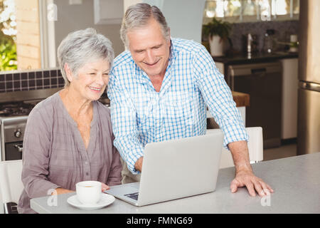Felice coppia senior guardando al laptop Foto Stock
