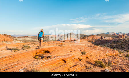 Donna escursionismo in il Parco della Valle di Fire State, Nevada, STATI UNITI D'AMERICA