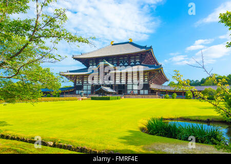 Ampio prato verde in ingresso anteriore sulla facciata motivi principali del Grande Buddha Hall, Daibutsuden, su una bella e blu cielo estate mattino Foto Stock