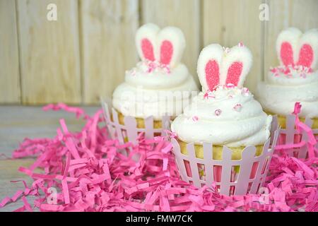 Coniglietto di Pasqua le orecchie in cupcake glassa con erba rosa Foto Stock