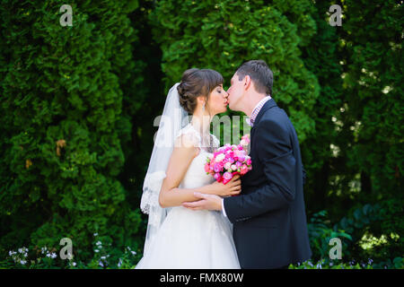 Lo sposo baci la sposa Foto Stock