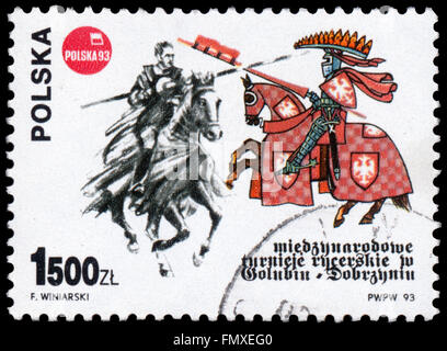 BUDAPEST, Ungheria - 12 marzo 2016: un timbro postale stampato in Polonia mostra Knight nel torneo di Golub-Dobrzyn, circa 1993 Foto Stock