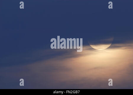 Luna salire al blue ora, in Twilight, parzialmente nascosti dietro high fog, nuvole, bella atmosfera in novembre. Foto Stock