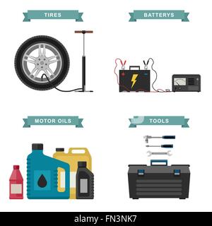 Ricambi auto icone piana. Illustrazione Vettoriale