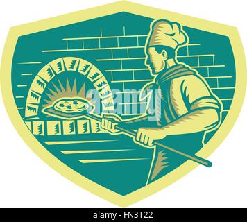 Illustrazione di un fornaio pizzaiolo tenendo una buccia con pizza in un forno di mattoni a visione laterale impostato all'interno della protezione fatto rétro xilografia stile. Illustrazione Vettoriale