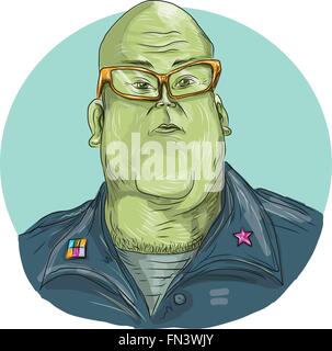 Disegno stile sketch illustrazione di un uomo verde alien generale indossando occhiali occhiali cerca set anteriore all'interno ovale. Illustrazione Vettoriale
