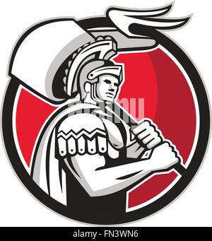 Illustrazione del centurione soldato romano gladiatore che trasportano flag impostato all'interno del cerchio fatto in stile retrò su sfondo isolato. Illustrazione Vettoriale