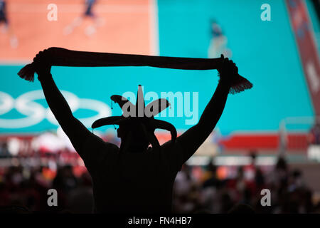 Silhouette di polacco di supporto ventole mens squadra di pallavolo a Earls Court Exhibition Centre durante le Olimpiadi 2012,Londra,l'Europa. Foto Stock