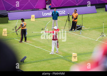 Tiro con l'arco,Lords Cricket Ground durante le Olimpiadi,Londra,2012,l'Inghilterra,UK, Europa. Foto Stock