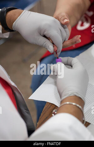 Selce, Michigan - un volontario infermiere raccoglie un campione di sangue per il test in caso di esposizione al piombo. Foto Stock