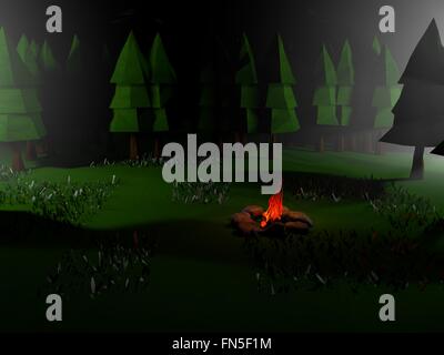 Bassa poli 3D paesaggio notturno con fuoco di campeggio e avventura sento Foto Stock