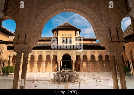 I Lions cortile, l'Alhambra di Granada, regione dell'Andalusia, Spagna, Europa Foto Stock