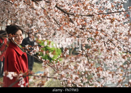 Hefei, cinese della provincia di Anhui. 13 Mar, 2016. La gente visita il Parco Huancheng a Hefei, a est della capitale cinese della provincia di Anhui, 13 marzo 2016. Uno scenario primaverile attrae visitatori come la temperatura sale fino in tutta la Cina. © Yang Xiaoyuan/Xinhua/Alamy Live News Foto Stock