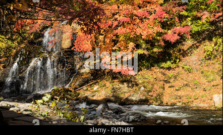 Il Fudo stream e il ponte rosso a Mount Nakano-Momiji Foto Stock