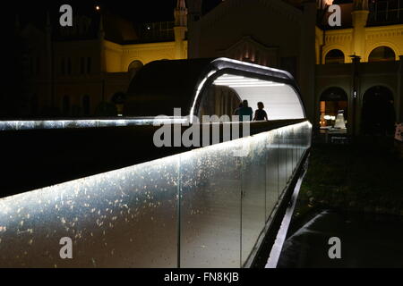 La festina lente ponte pedonale conduce all'Accademia di belle arti di notte a Sarajevo, Bosnia ed Erzegovina. Foto Stock