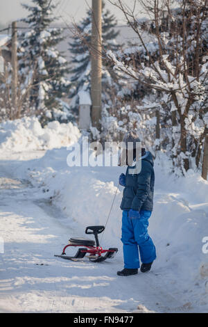 Ragazza tirare una slitta nella neve Foto Stock