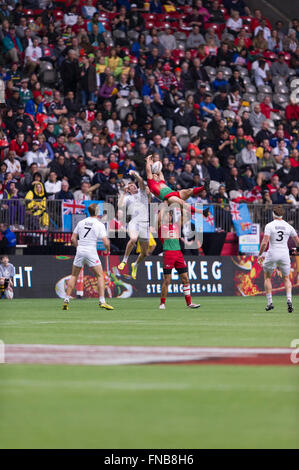 Vancouver Canada. 13 marzo, 2016. Inghilterra vs Portogallo durante il mondo HSBC Sevens Rugby Cup serie quarti di finale, tenutasi in BC Place Stadium, Vancouver B.C Canada - Inghilterra vince 31-0 - Credit: Gerry Rousseau/Alamy Live News Foto Stock