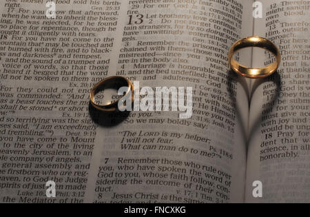 Gli anelli di nozze rendendo a forma di cuore ad ombre sulle pagine della Bibbia Foto Stock