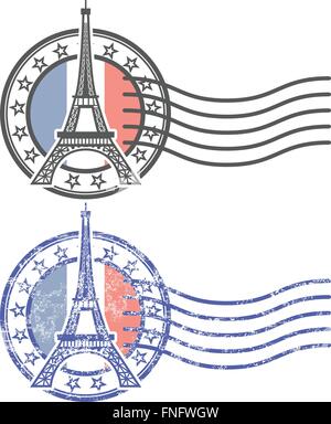 Timbro grunge con la Torre Eiffel - punto di riferimento di Parigi Illustrazione Vettoriale