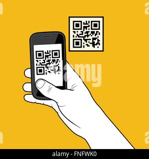 Mano con lo smartphone tenendo un codice QR Illustrazione Vettoriale