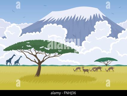 Paesaggio africano con la savana e Mt Kilimanjaro. Nessuna trasparenza utilizzato. Basic (lineare) gradienti utilizzati per il cielo. Illustrazione Vettoriale