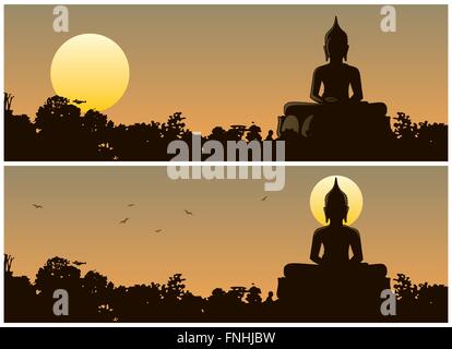 Statua del Buddha nella giungla al tramonto. 2 diverse versioni. Nessuna trasparenza utilizzato. Basic (lineare) gradienti utilizzati. Illustrazione Vettoriale