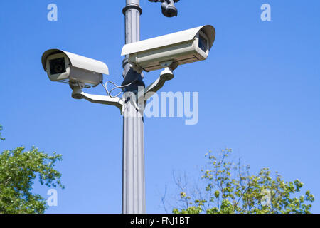 Telecamera di sorveglianza sul polo elettrico Foto Stock