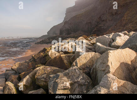 Un giorno di nebbia a Whitby nel North Yorkshire che mostra la spiaggia rocciosa e scogliere Foto Stock