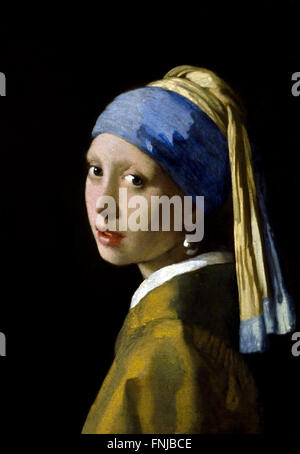 Ragazza con orecchino Perla 1665 Johannes Vermeer o Jan Vermeer 1632 - 1675 Olanda (pittore olandese nell'età dell'oro, uno dei più grandi pittori, 17th ° secolo. senza tempo, momenti assennati, rimane enigmatica, inimitabile combinazione di colori e contenuto luminoso sconcertante) Foto Stock