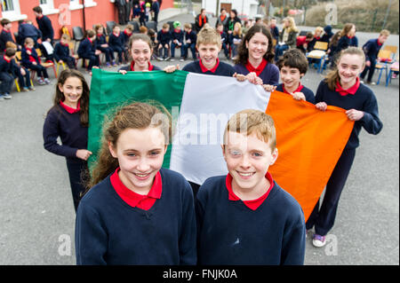 Durrus, Irlanda. Il 15 marzo, 2016. Gli alunni Cahernane Stock e James Padre Mallon ha stare di fronte al tricolore irlandese prima di leggere la loro versione della proclamazione a Carrigboy Scuola nazionale, Durrus, sulla proclamazione giorno che era stata organizzata per commemorare gli eventi del 1916. Credito: Andy Gibson/Alamy Live News. Foto Stock