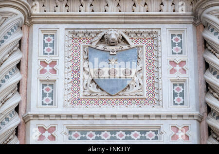 Stemmi delle famiglie importanti che hanno contribuito alla facciata, il portale della Cattedrale di Santa Maria del Fiore, Firenze Foto Stock