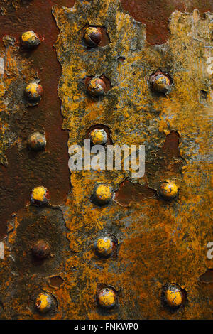 Grunge sfondo con modelli e texture di weathered vernice gialla su un metallo arrugginito foglio con rivetti di grandi dimensioni. Foto Stock