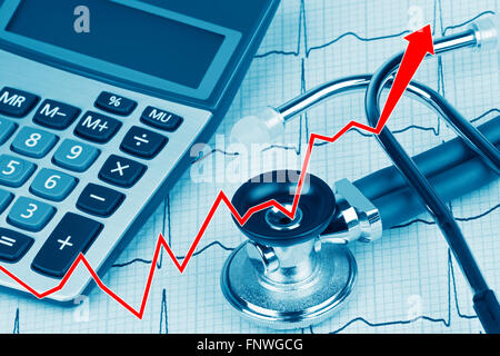 Ecg con uno stetoscopio e calcolatrice che mostra il costo delle cure sanitarie Foto Stock