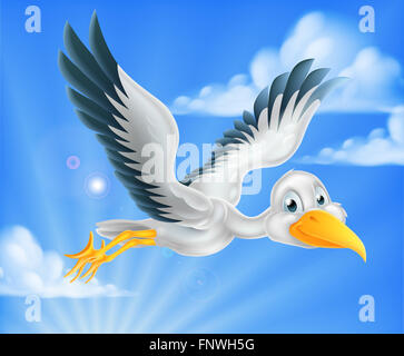 Un felice cartoon stork uccello carattere animale volando attraverso il cielo Foto Stock