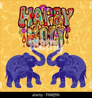 Happy Holi design con due elefanti su floral background indiano Illustrazione Vettoriale