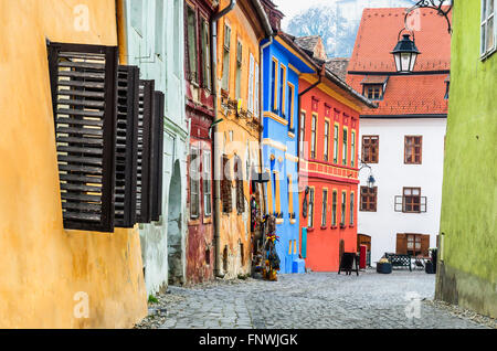 Sighisoara, Romania. Lastricato in pietra vecchie strade con case colorate in Sighisoara fortezza, Transilvania regione d'Europa Foto Stock